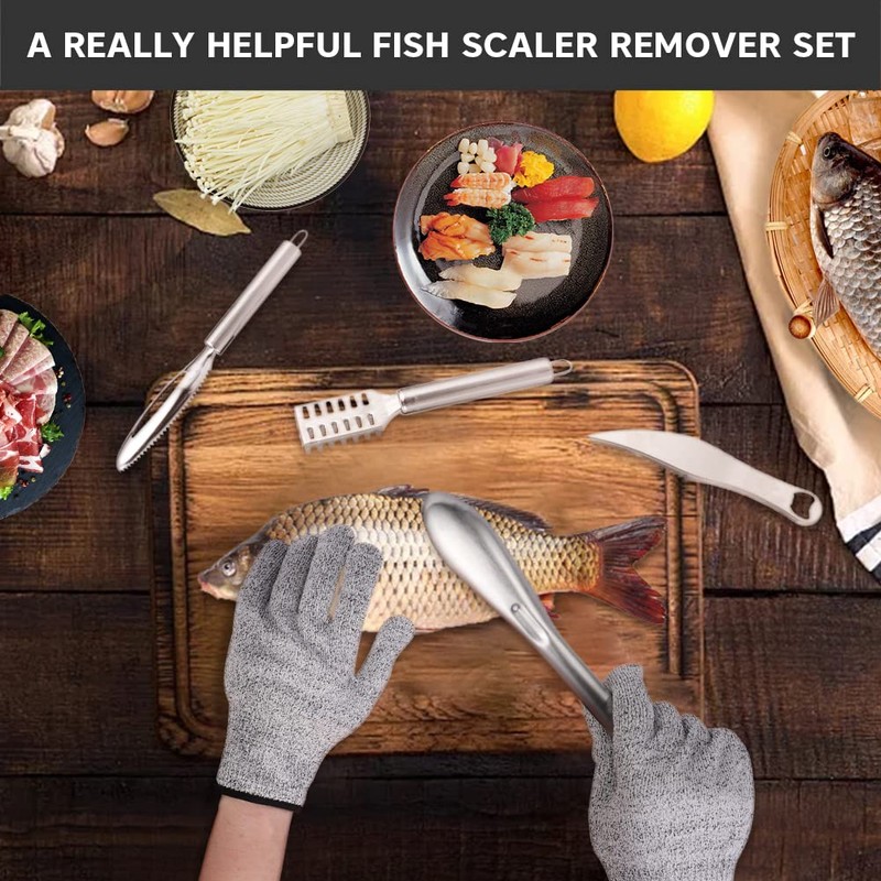 8PCS Fish Scaler Remover, Stainless Steel Fish Scaler with Gloves,