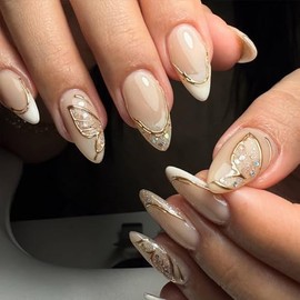 Uñas postizas a presión con punta francesa, uñas postizas medianas de almendra, uñas postizas nude, con purpurina dorada cromada, diseños de mariposas