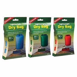 Coghlan 's Lightweight and Waterproof Dry Bag Assortment: One 10L (Red), One 25 (Green) and One 55L (Blue)