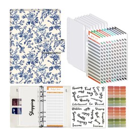 ALKKDPS Budget Binder with Cash Zipper Envelopes, Cute A6 Money Saving Binder, PU Leather Money Organizer, Cash Envelopes and 12 Expense Budget Sheets for Budgeting Blue Floral
