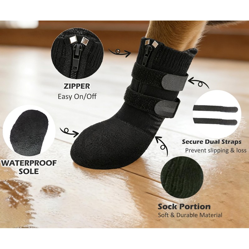 Phaechild Anti Slip Dog Socks Boots with Zipper,Waterproof Dog Shoes