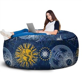 Wakasui Sun and Moon Stars Bean Bag Chair Cover 6 Feet (No Filler, Cover only) Boho Golden Sun Moon and Stars Fluffy Lazy Sofa Cover Dutch Velvet