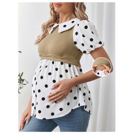MakeMeChic Women's Maternity Blouse Polka Dots Puff Sleeve Button Front Ruffle Pregnancy Nursing Top Black Medium