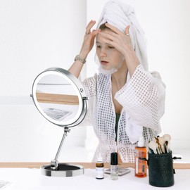 Rocollos Tabletop Makeup Mirror with Built-in Vanity Tray, 9" Rechargeable 4000mAh Lighted Vanity Mirror 1X/10X Magnification, Height-Adjustable Arm, 3 Color Dimmable (9Inch Chrome)