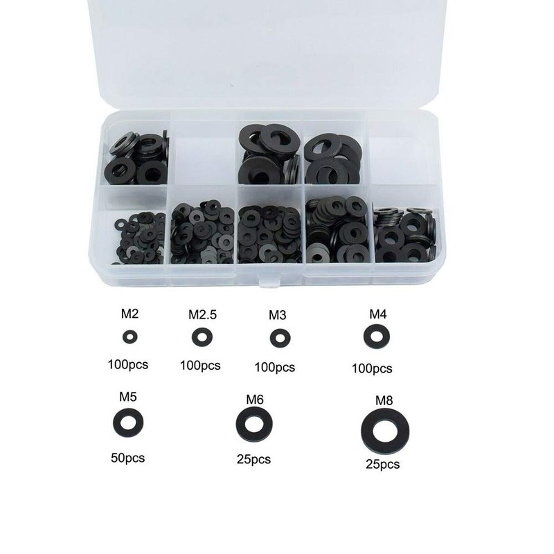 500 Pack Flat Black Washers Nylon Spacer Metric Assorted Assortment