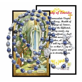 Gifts by Lulee, LLC Our Lady of Lourdes 8mm Lapiz Lazuli Beaded Rosary with Silver Plated Crucifix and Findings Holy Water Centerpiece Includes a Blessed Prayer Card