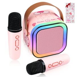 LAMJAD Karaoke Machine Kids for Girls Toys with 2 Microphones,Mini Karaoke Machine Portable Bluetooth with LED Light Cartoon Stickers, Gifts for Gils Boys Birthday Party 3-18Year Old, Home KTV(Pink)