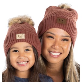 Funky Junque Mom and Baby Pom Pom Hat Set, Matching Beanies for Winter - Adult/Toddler (Single Pom) - Diagonal Basketweave - Brick (2 Pk)