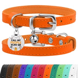 BRONZEDOG Leather Cat Collar with Bell, Non-Tearable, QR Tag for Girls and Boys (Orange and Silver, 23-28 cm)