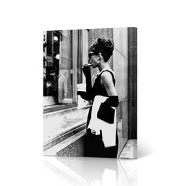 HB Art Design Audrey Hepburn Wall Art Iconic Scene Portrait Breakfast at Tiffany's Black and White Canvas Wall Art Canvas Print Wall Decor Artwork Bedroom Decor Living Room Made in The USA 17x11