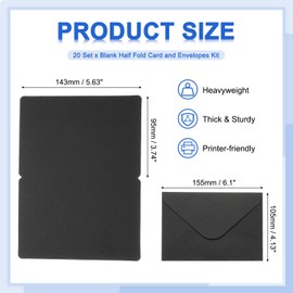 PATIKIL Blank Cards and Envelopes 4x6, 20 Set Half Fold Blank Note Cards and Envelopes Folded Cardstock Greeting Card for Invitations Wedding DIY Birthday, Black