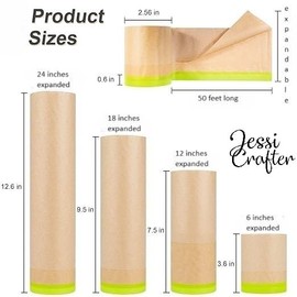 JESSI CRAFTER Pre Taped Masking Paper for Painting (4 Pack, 6, 12, 18 and 24 in x 50 ft), Adhesive Tape and Drape Painters Paper, Automotive Paint, House Decoration, DIY Projects.
