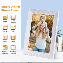 Frameo Digital Picture Frame WiFi 10.1 Inch Digital Photo Frame, 16GB Memory, 1280 * 800 HD Touch Screen, Auto-Rotate, Pictures Videos Instantly, Wedding,Supports SD Card and USB Flash Drive-White