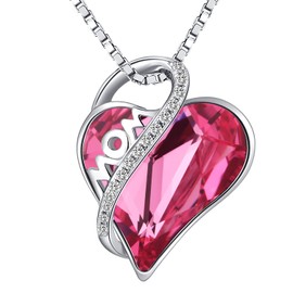 Crystal Heart Mom Necklace Crystal Love Heart Mother Necklace for Mom Sterling Silver Heart Necklace for Women Pink Crystal Mother Necklace Mothers Day Gift Necklace I Love You Mom Necklace Pendant