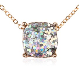 RIAH FASHION Square Glitter Necklace for Women - Sparkly Small Sequin Confetti Cushion Cut Delicate Chain, Tassel Long Statement (Silver)