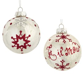 Kurt S. Adler 80MM Silver with Red Snowflake Glass Ball, 6-Piece Boxed Ornament Set, Multi, 6 Count