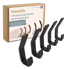 Marcellis Premium Hooks, Matt Black, 5 x Industrial Hooks (80 kg Load Capacity) - Designed for Easy Use with High-Quality Workmanship and Mounting Material - 11 x 2 x 4.2 cm (H x W x D)