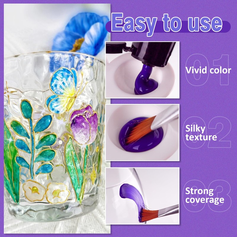 Colorful Stain Glass Paint Set with 6 Brushes, 1 Palette