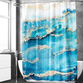 Berkin Arts Bathroom Shower Curtain Set 180 x 180 cm Waterproof Polyester with Hooks Modern European Ink Painting Water Stream Background Strong Blue Edge Lit Gold Striped Swirls