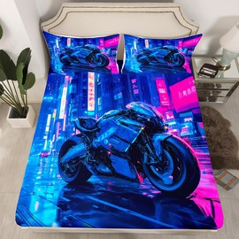 Kids Motorcycle Sheets Dirt Bike Print Bed Sheets,Motorbike Extreme Sport Boys Fitted Sheet Queens,Motocross Racer Bedding Set Vehicles Biker Bedding Set for Adults Men Bedroom,Blue Purple