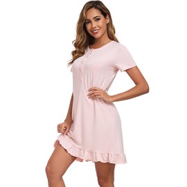 Beuwltpa Women's Nighties Button Up Maternity Nightdress Nightshirts Short Sleeve Ladies Nightwear Ruffle Hem Soft Nursing Nightgown Pink