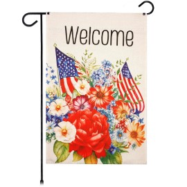 G128 Welcome American Flag Flowers Garden Flag Independence Day Lawn Decoration