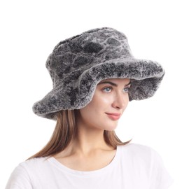 LA CARRIE Women's Snakeskin Print Faux Fur Bucket Hat Winter Warmer Fisherman Cap (Grey)