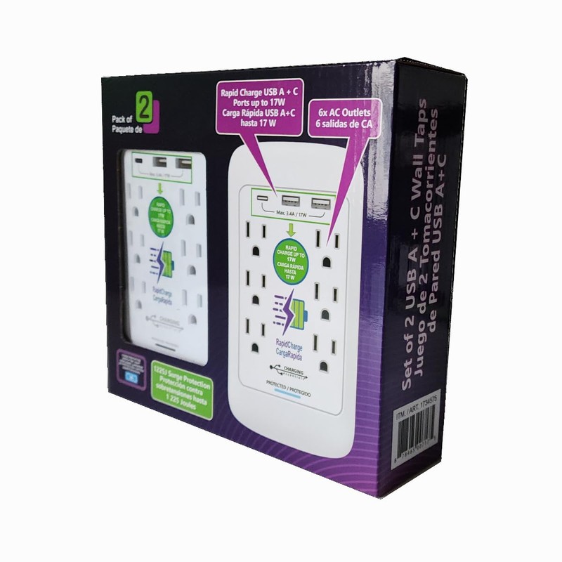 Charging Essentials, USB/AC Wall Outlets with Surge Protector - Pack