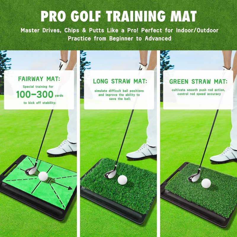 Golf Hitting Mat, 3-in-1 Golf Practice Mat, Replaceable Turf Golf