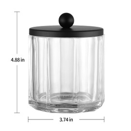Indecor Home Home Glass Cotton Jar Holder Matte Black Lid, Elegant Bathroom Storage Canister for Qtips, Cotton Balls, Floss, Makeup Organizer, Vanity Bathroom Organization