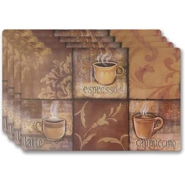 Vinyl Rectangular Placemats Set of 4 - Non Slip Place Mats Ideal for Indoor and Outdoor Dining Table - Washable and Heat Resistant Fall Placemats for Kitchen Tables (Coffee Tiles)