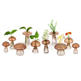 Hewory Glass Mushroom Vase for Flowers, 10pcs Brown Small Bud Flower Vases Unique, Mushroom Propagation Hydroponic Vases, Funky Cottagecore Decor for Home Room Kitchen Office Windowsill Decorations