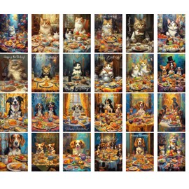 PIXILUV Vintage Postcards (24 pcs 4"x6" each) Funny Paintings of Adorable Pets at Dinner Vintage Happy Birthday Postcards Retro Greeting Card Book Illustration Reprint