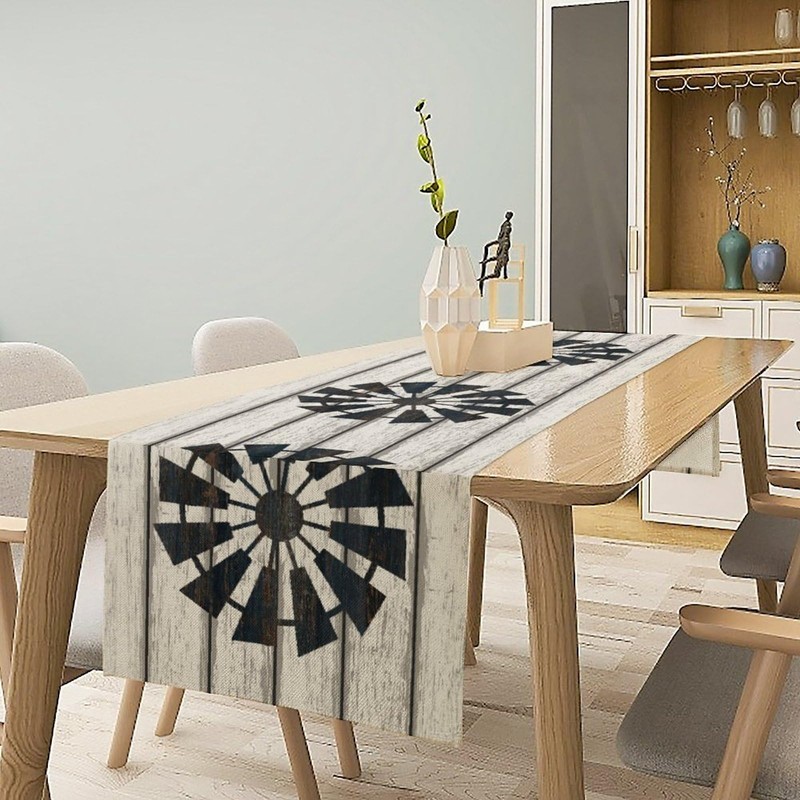 Retro Windmill Table Runner, Rustic Farmhouse Wood Grain Country Style