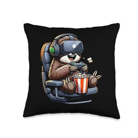 Gamer Sloth Popcorn Gaming Chair Headphones Games Player Throw Pillow