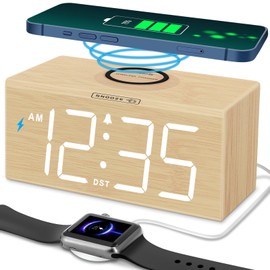 DreamSky Wooden Digital Alarm Clock with Wireless Charging for Bedroom, Bedside Nightstand Clock with Charger Station, USB Port, Large Numbers, Adjustable Volume, Brightness Dimmer, DST