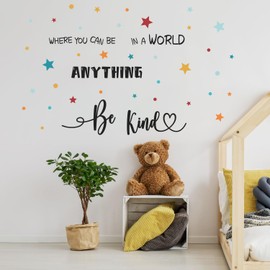 HLNIUC Be Kind Quotes Wall Sticker(35”x12”)In a World Where You Can Be Anything Art Decal,Motivational Sayings Star Wall Decals,Colorful Dots Inspirational Words Room Stickers for Kids Bedroom,Nursery