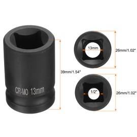 sourcing map 4 Point Square Socket 1/2" Drive 13mm Metric Square Impact Socket CR-MO Blackening Standard Wheel Sockets Pneumatic Socket Tool for Auto Repair Mechanical Maintenance Home Use