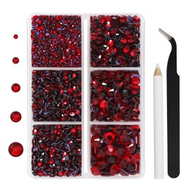 Hotfix Rhinestones 3960pcs, Red Rhinestone for Clothes, Hot Fix Crystals Rhinestones with Tweezers and Wax Pencil Kit,Mixed 5 Sizes, SS6-SS30, Siam