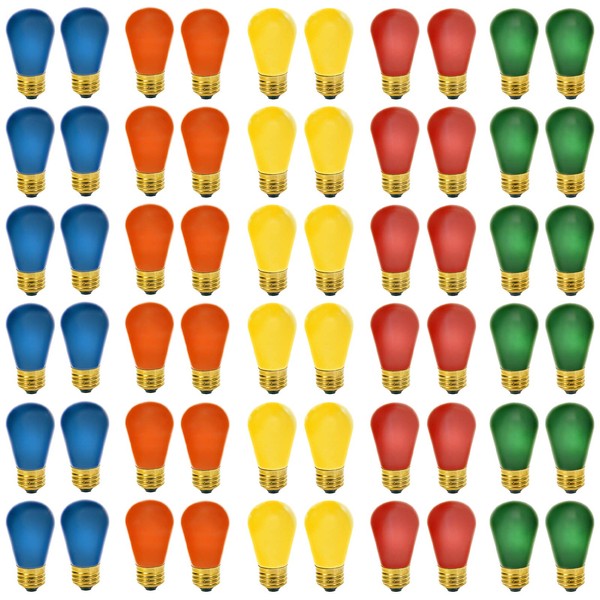 Multi-Colored S14 Bulbs 11 Watt Replacement Incandescent Glass Light Bulbs with E26 Medium Base for Indoor and Outdoor Commercial Grade Outdoor Patio Vintage String Lights Pack of 60