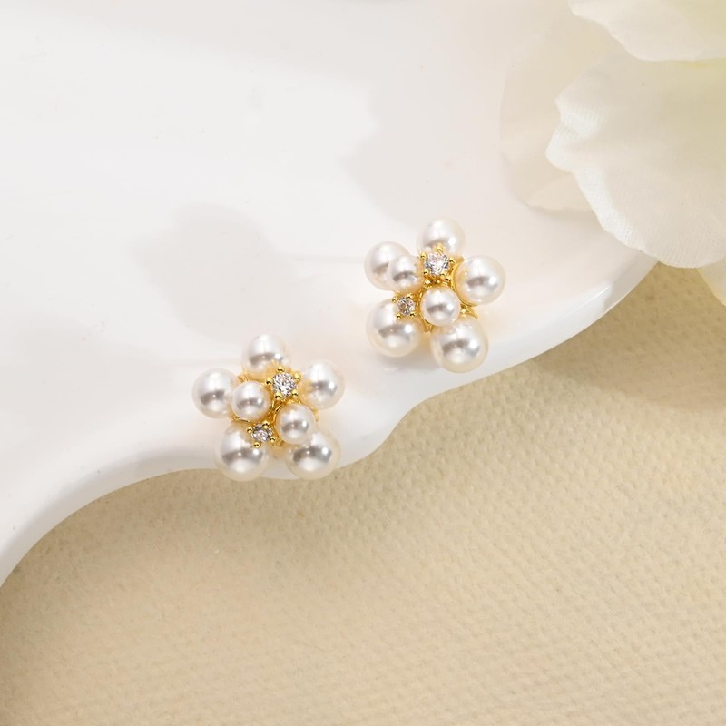 Pearl Flower Stud Earrings, 14K Gold-Plated with CZ Crystals, White