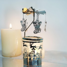 kingnero Carousel Candle Rotary Candle Holder Spinning Candleholder Metal Tea Light Candlestick for Home Decor (Christmas Socks Silver)