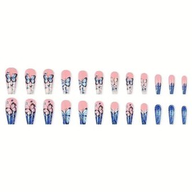 French Press on Nails Butterfly Fake Nails Long Coffin False Nails Flower Stick on Nails Blue Glue on Nails Glossy Acrylic Nails Full Cover Artificial Nails Reusable Nails Kit for Women Girls 24Pcs