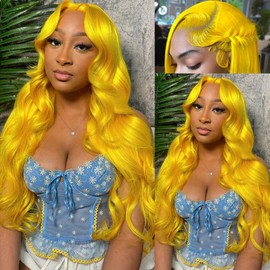 XIAPAY 30 Inch Yellow Lace Front Wig Human Hair Body Wave Lace Front Wigs Human Hair Pre Plucked Glueless Yellow Wig Human Hair 13x4 Colored Wigs Human Hair 180% Density HD Lace Frontal Wig