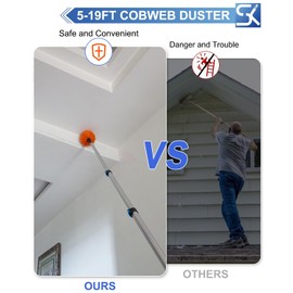 SKGPOLE 26FT Reach Cobweb Duster, Outdoor Spider Web Cleaner Brush with 5-20FT Telescoping Extension Pole, Aluminium Heavy Duty, Medium Stiff Bristles Spider Web Brush for Outdoor & Indoor Cleaning
