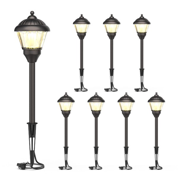 GOODSMANN Pathway Lights 1.5W LED 8PK Outdoor Low Voltage Landscape Lighting Kits 100Lumen Hardwired Path Lights 3000K Warm White Metal 12V Bronze Electric Sidewalk Walkway Lights with Cable Connector