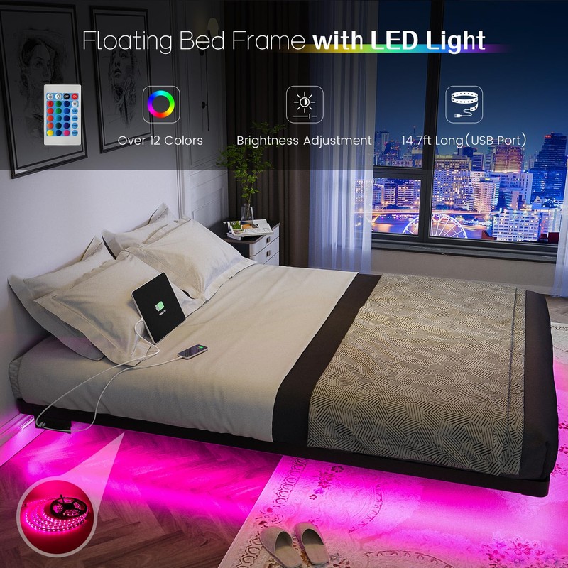 OLEVS Floating Bed Frame Queen Size with Smart LED Lights