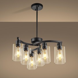 Sigaitwei 6 Light Modern Chandeliers for Dining Room,21.7" Black Hanging Light Fixture，Kitchen Pendant Lighting Over Island，Industrial Farmhouse Chandelier,Metal with Downward Clear Glass Shade