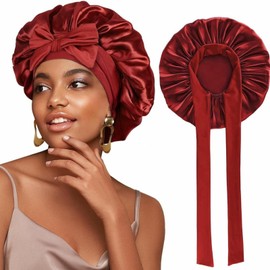 Silk Bonnet for Sleeping, Satin Hair Wrap Cap for Women, Red Double-Layer Bonnet with Tie Band, Hair Accessories