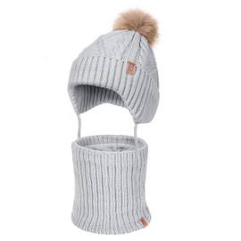 HEYO Children's Winter Set Hat Warm Tube Scarf Loop Scarf Soft Ear Muffs Bobble Hat Round Scarf Toddler Ear Flaps Knitted Hat Lined with Fleece, gray, 0-3 Years